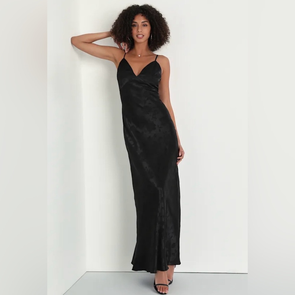 Lulus Take Me Dancing Black Satin Jacquard V-neck Maxi Dress - Size XL